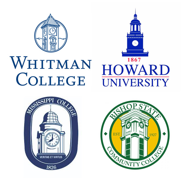 Group of college logos, all of which feature a clocktower