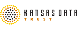 Logo featuring a sunflower made out of small dots and the words "Kansas Data Trust"